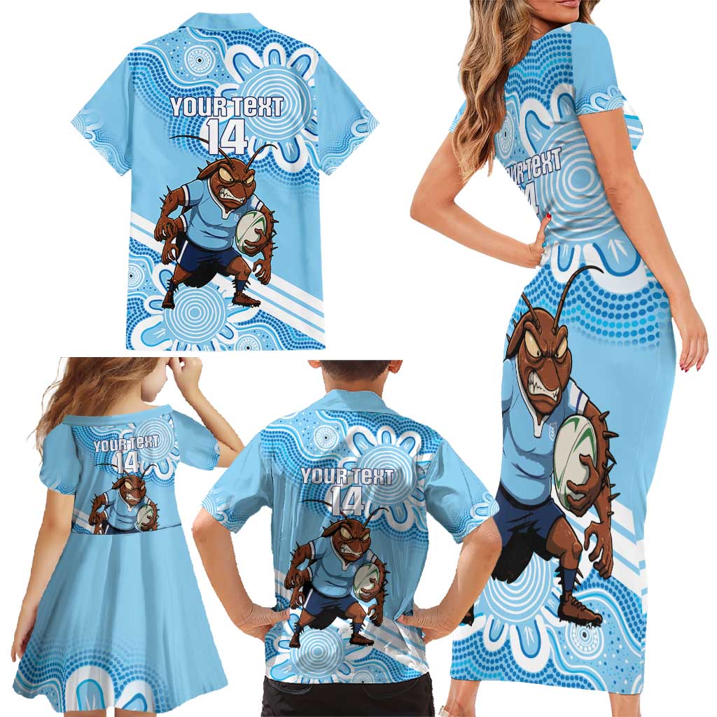NSW Blues Rugby Custom Family Matching Short Sleeve Bodycon Dress and Hawaiian Shirt Go Cockroaches Aboriginal Art