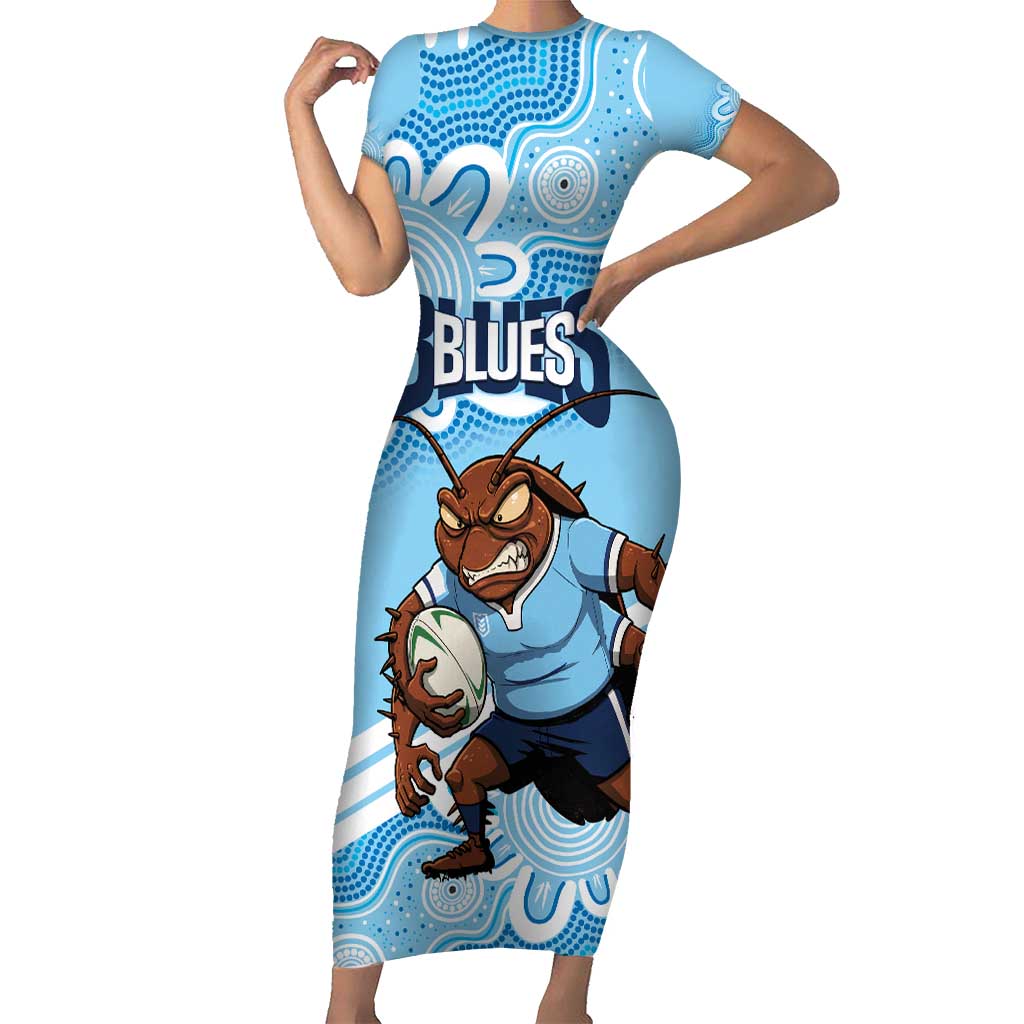 NSW Blues Rugby Custom Family Matching Short Sleeve Bodycon Dress and Hawaiian Shirt Go Cockroaches Aboriginal Art