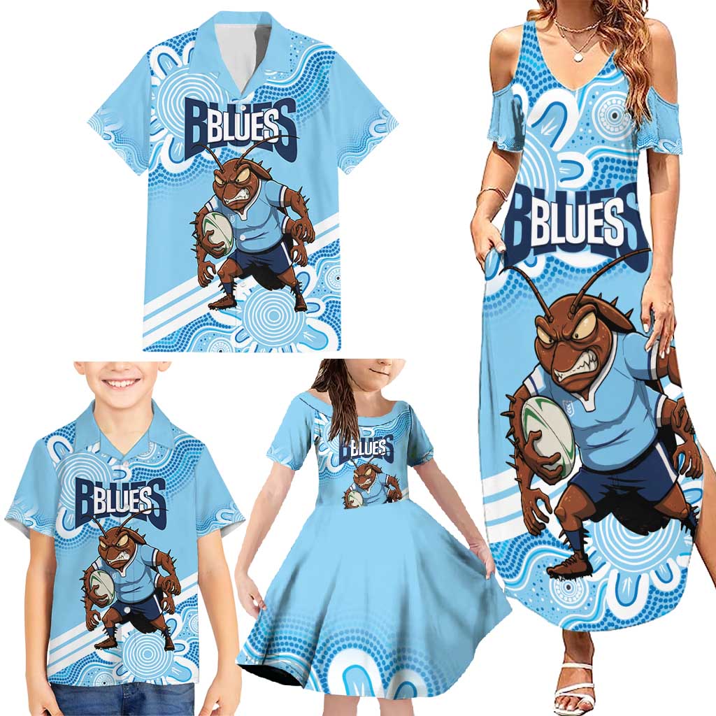NSW Blues Rugby Custom Family Matching Summer Maxi Dress and Hawaiian Shirt Go Cockroaches Aboriginal Art