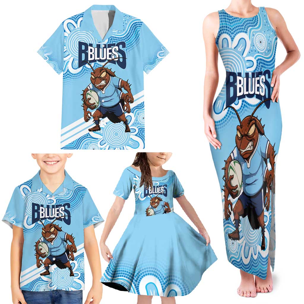 NSW Blues Rugby Custom Family Matching Tank Maxi Dress and Hawaiian Shirt Go Cockroaches Aboriginal Art