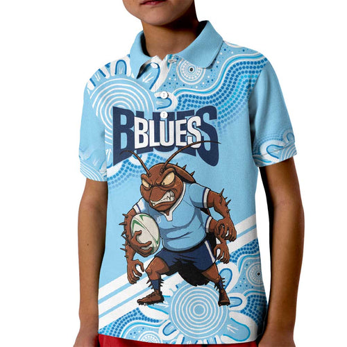 NSW Blues Rugby Custom Kid Polo Shirt Go Cockroaches Aboriginal Art