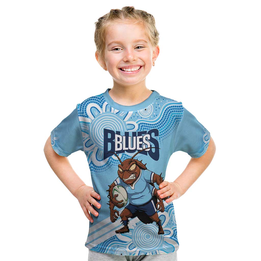 NSW Blues Rugby Custom Kid T Shirt Go Cockroaches Aboriginal Art