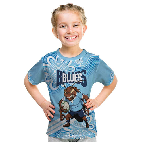 NSW Blues Rugby Custom Kid T Shirt Go Cockroaches Aboriginal Art