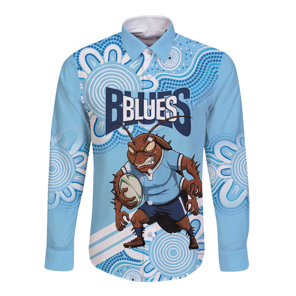 NSW Blues Rugby Custom Long Sleeve Button Shirt Go Cockroaches Aboriginal Art