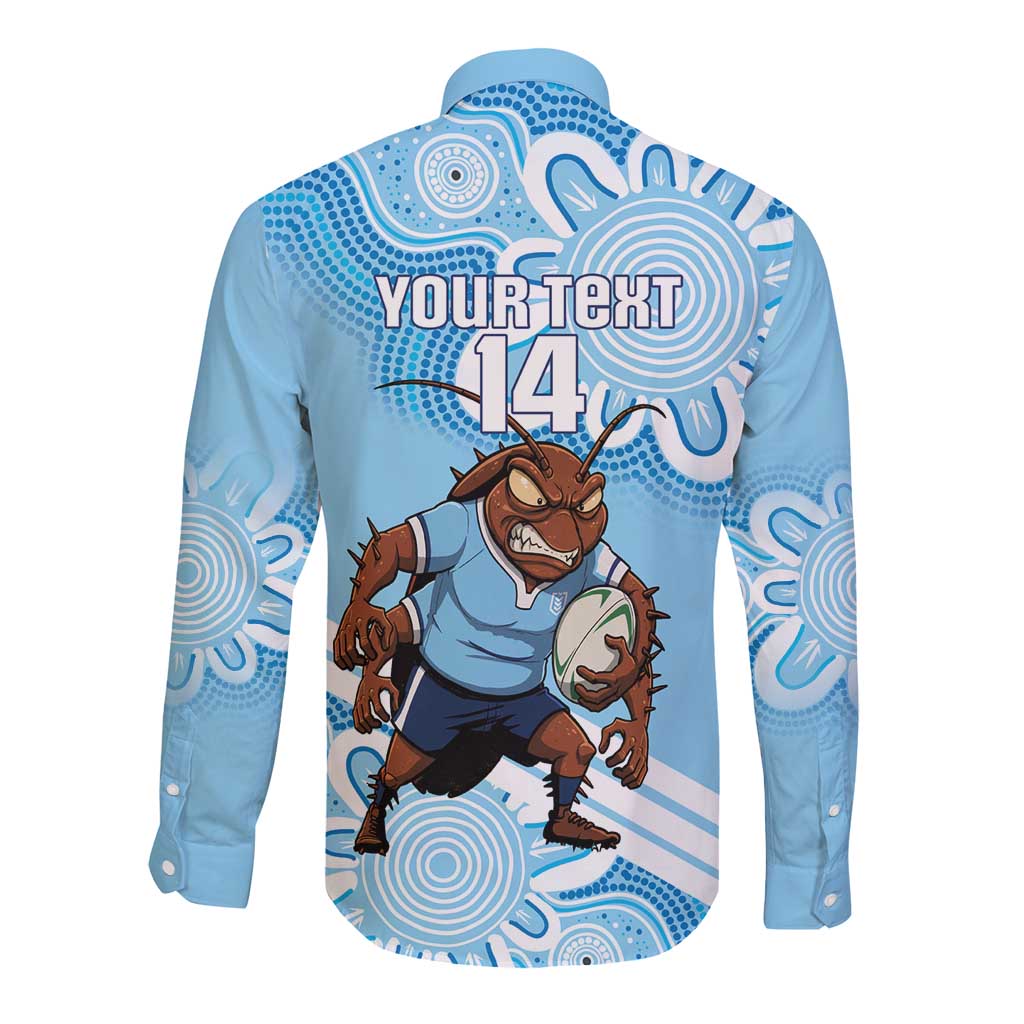 NSW Blues Rugby Custom Long Sleeve Button Shirt Go Cockroaches Aboriginal Art