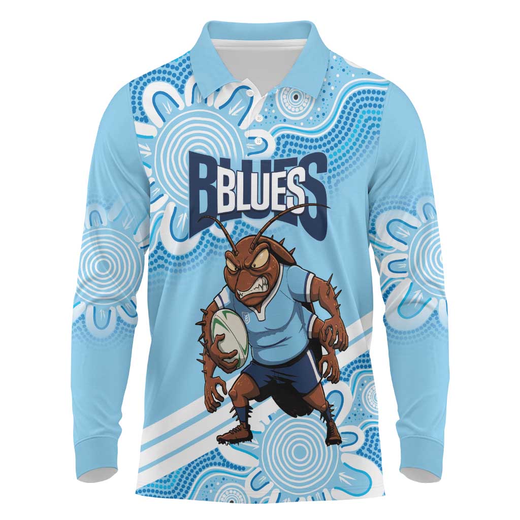NSW Blues Rugby Custom Long Sleeve Polo Shirt Go Cockroaches Aboriginal Art