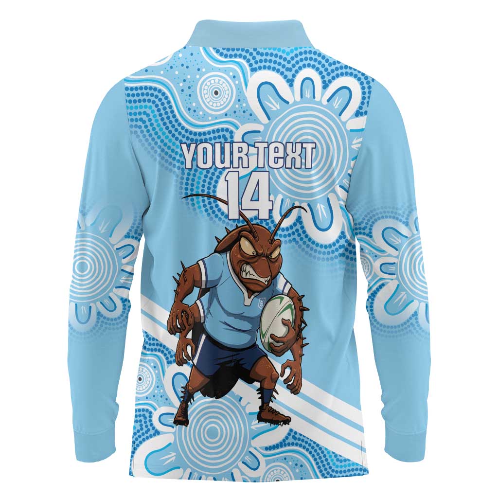 NSW Blues Rugby Custom Long Sleeve Polo Shirt Go Cockroaches Aboriginal Art
