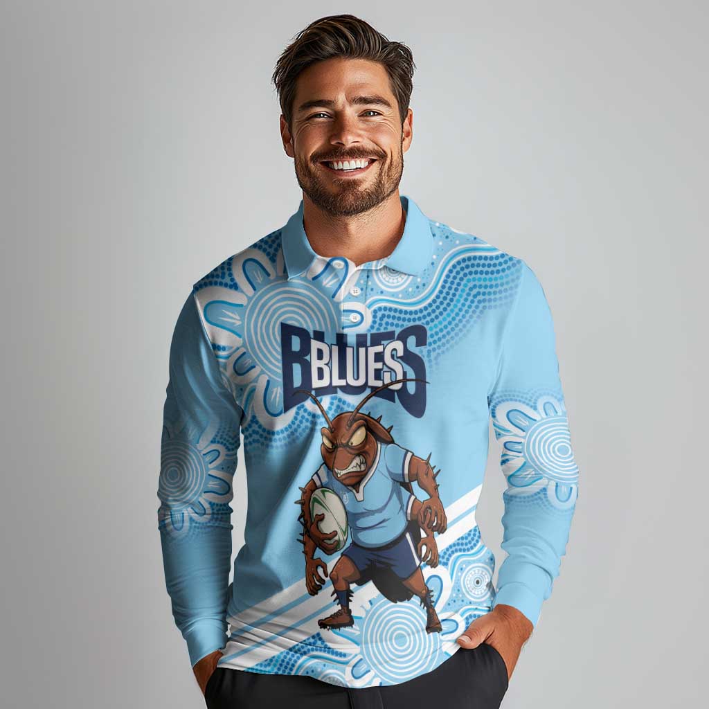 NSW Blues Rugby Custom Long Sleeve Polo Shirt Go Cockroaches Aboriginal Art
