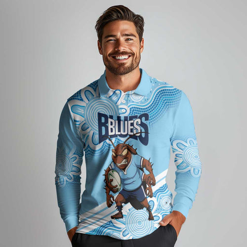 NSW Blues Rugby Custom Long Sleeve Polo Shirt Go Cockroaches Aboriginal Art