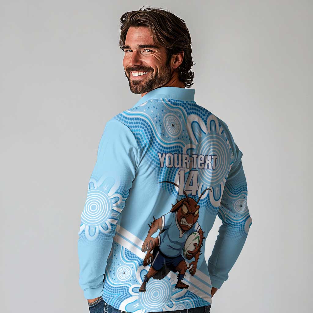 NSW Blues Rugby Custom Long Sleeve Polo Shirt Go Cockroaches Aboriginal Art