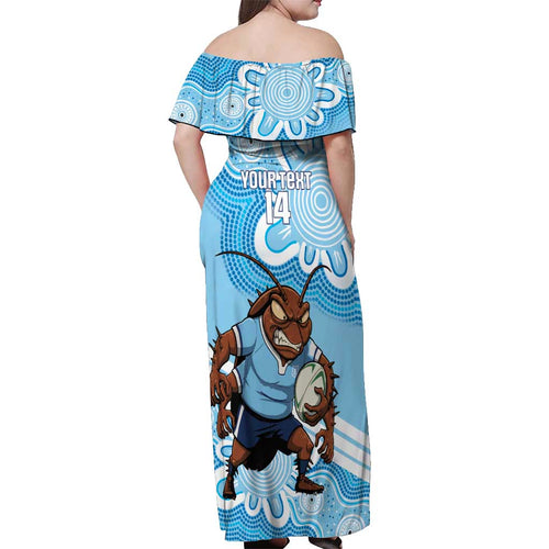 NSW Blues Rugby Custom Off Shoulder Maxi Dress Go Cockroaches Aboriginal Art
