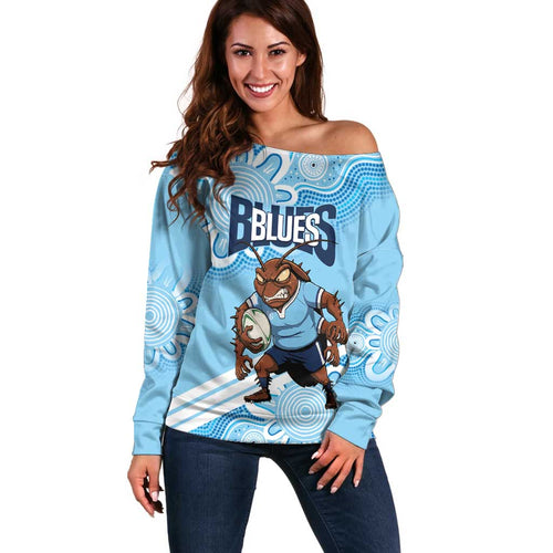 NSW Blues Rugby Custom Off Shoulder Sweater Go Cockroaches Aboriginal Art