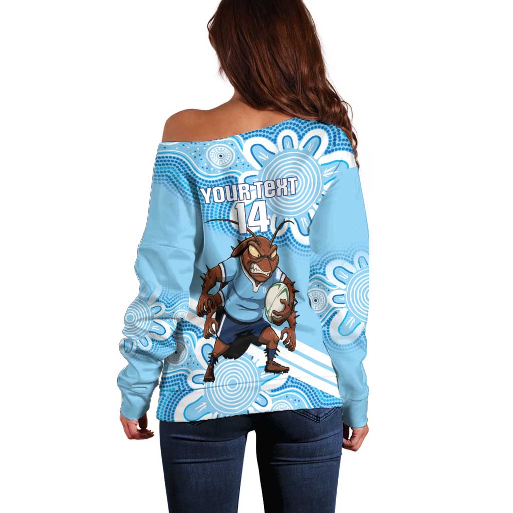 NSW Blues Rugby Custom Off Shoulder Sweater Go Cockroaches Aboriginal Art