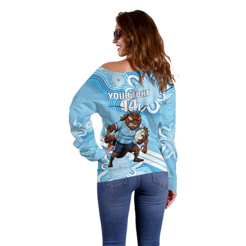 NSW Blues Rugby Custom Off Shoulder Sweater Go Cockroaches Aboriginal Art