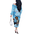 NSW Blues Rugby Custom Off The Shoulder Long Sleeve Dress Go Cockroaches Aboriginal Art