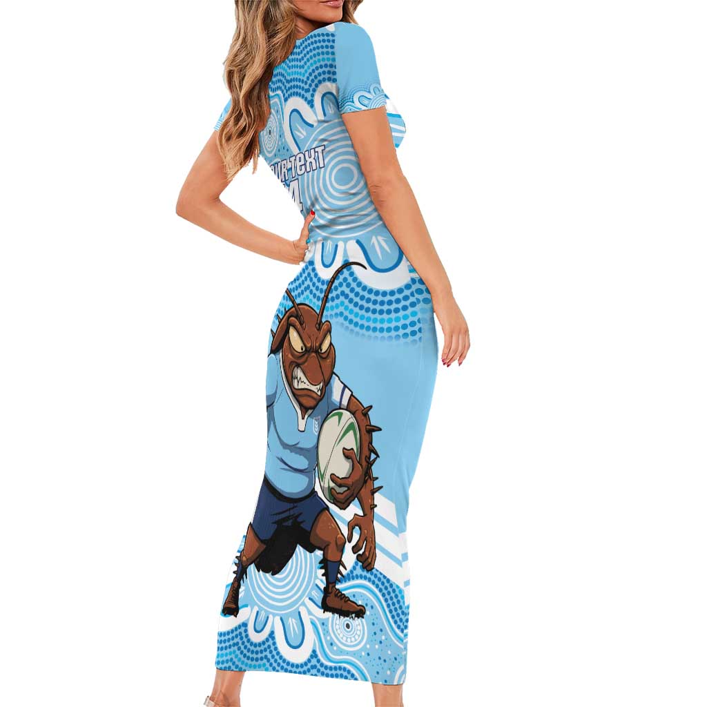 NSW Blues Rugby Custom Short Sleeve Bodycon Dress Go Cockroaches Aboriginal Art