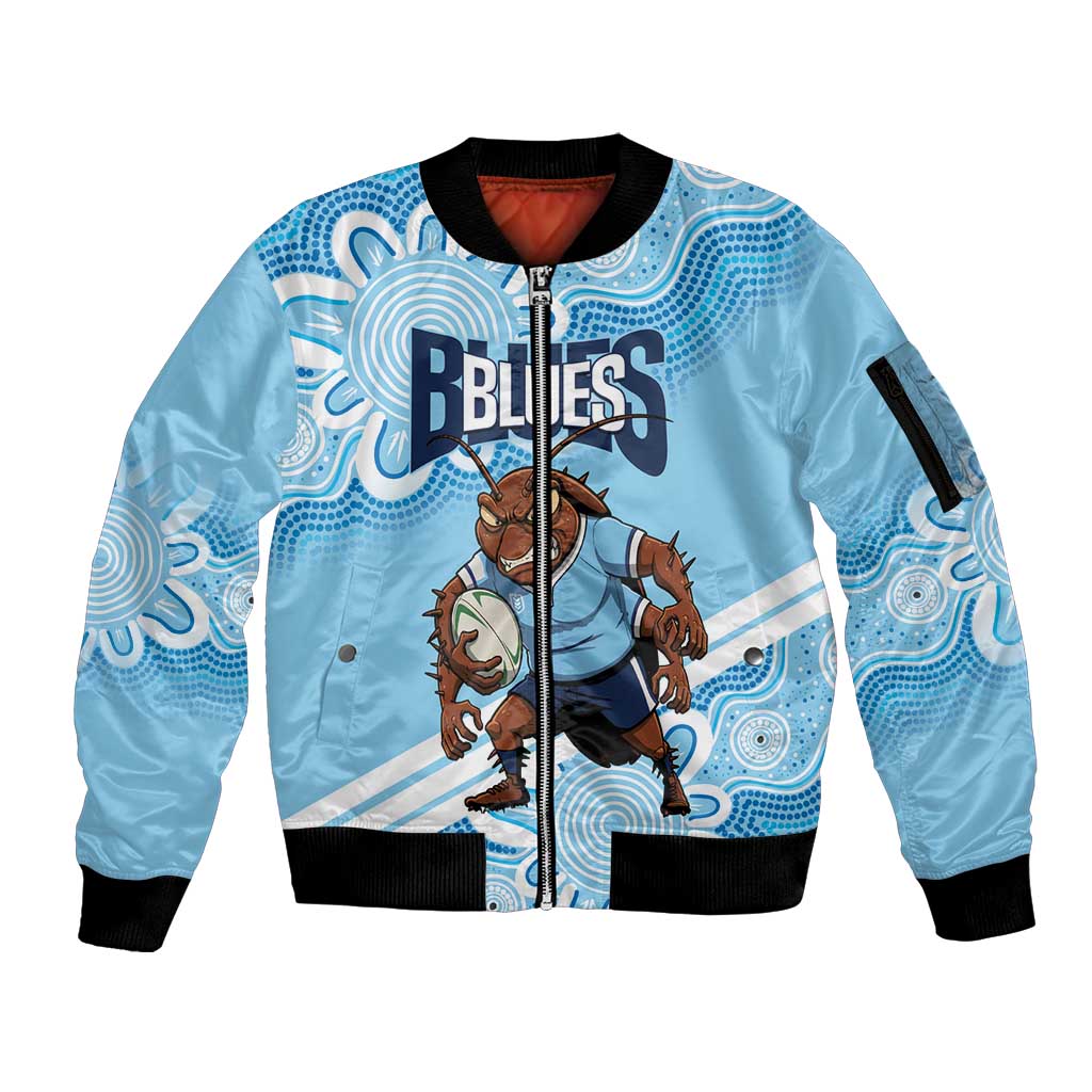 NSW Blues Rugby Custom Sleeve Zip Bomber Jacket Go Cockroaches Aboriginal Art