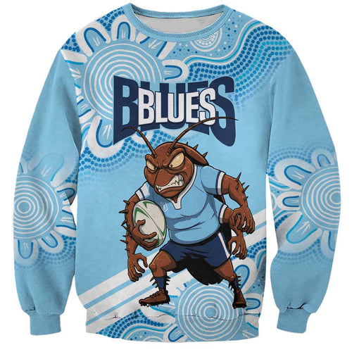 NSW Blues Rugby Custom Sweatshirt Go Cockroaches Aboriginal Art