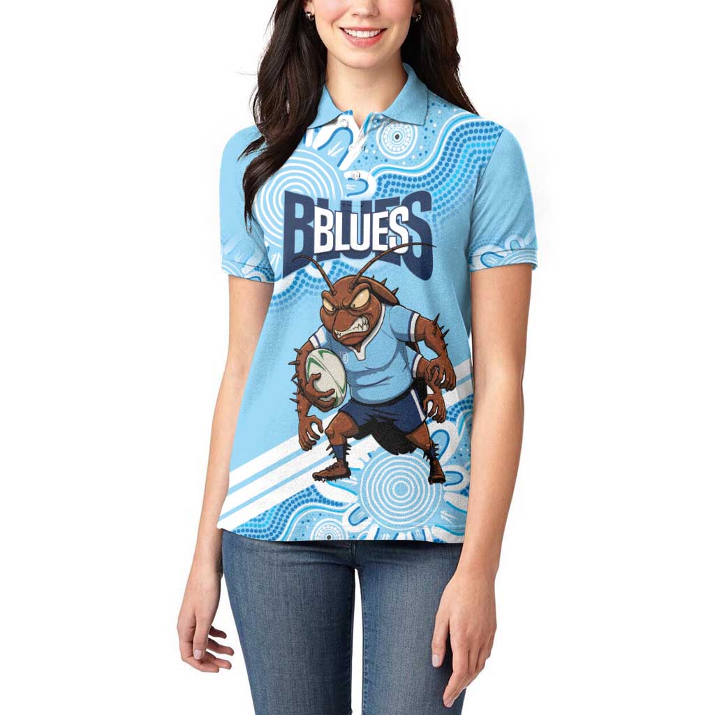 NSW Blues Rugby Custom Women Polo Shirt Go Cockroaches Aboriginal Art