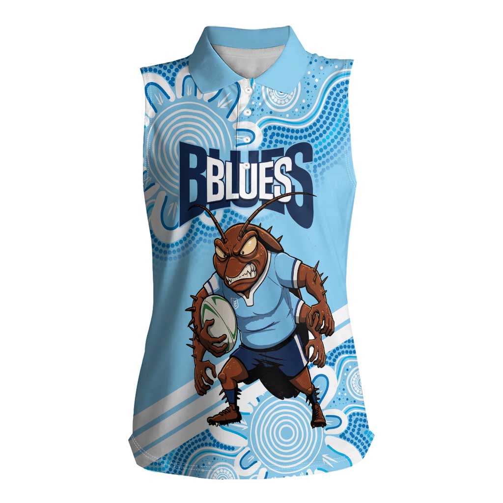 NSW Blues Rugby Custom Women Sleeveless Polo Shirt Go Cockroaches Aboriginal Art