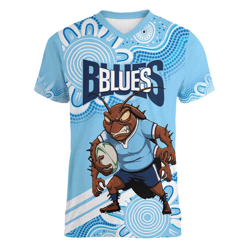 NSW Blues Rugby Custom Women V-Neck T-Shirt Go Cockroaches Aboriginal Art