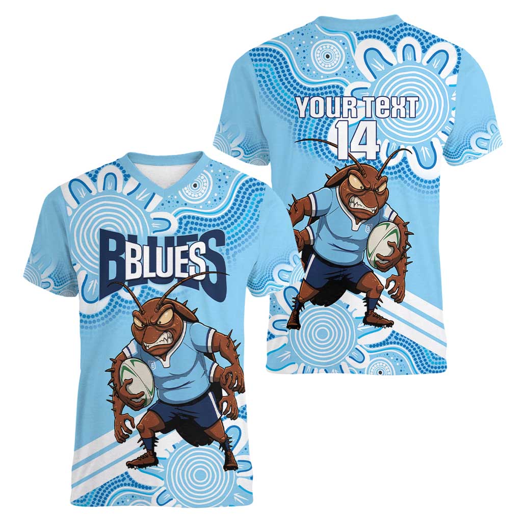 NSW Blues Rugby Custom Women V-Neck T-Shirt Go Cockroaches Aboriginal Art