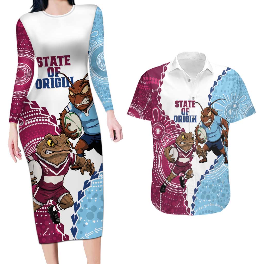 QLD Maroons and NSW Blues 2025 Couples Matching Long Sleeve Bodycon Dress and Hawaiian Shirt Come On Together