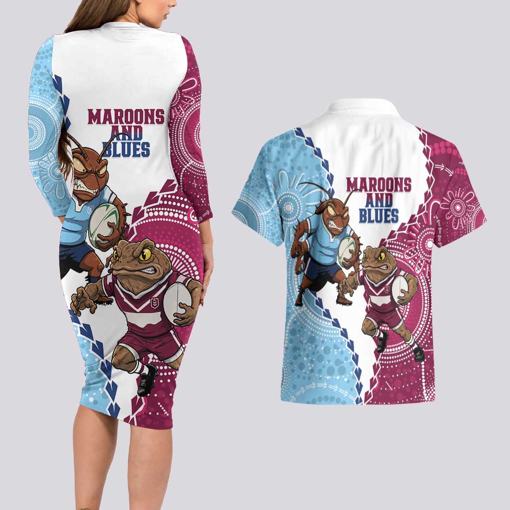 QLD Maroons and NSW Blues 2025 Couples Matching Long Sleeve Bodycon Dress and Hawaiian Shirt Come On Together
