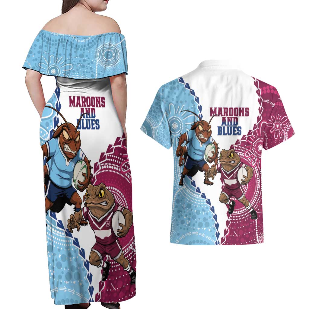 QLD Maroons and NSW Blues 2025 Couples Matching Off Shoulder Maxi Dress and Hawaiian Shirt Come On Together