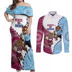 QLD Maroons and NSW Blues 2025 Couples Matching Off Shoulder Maxi Dress and Long Sleeve Button Shirt Come On Together