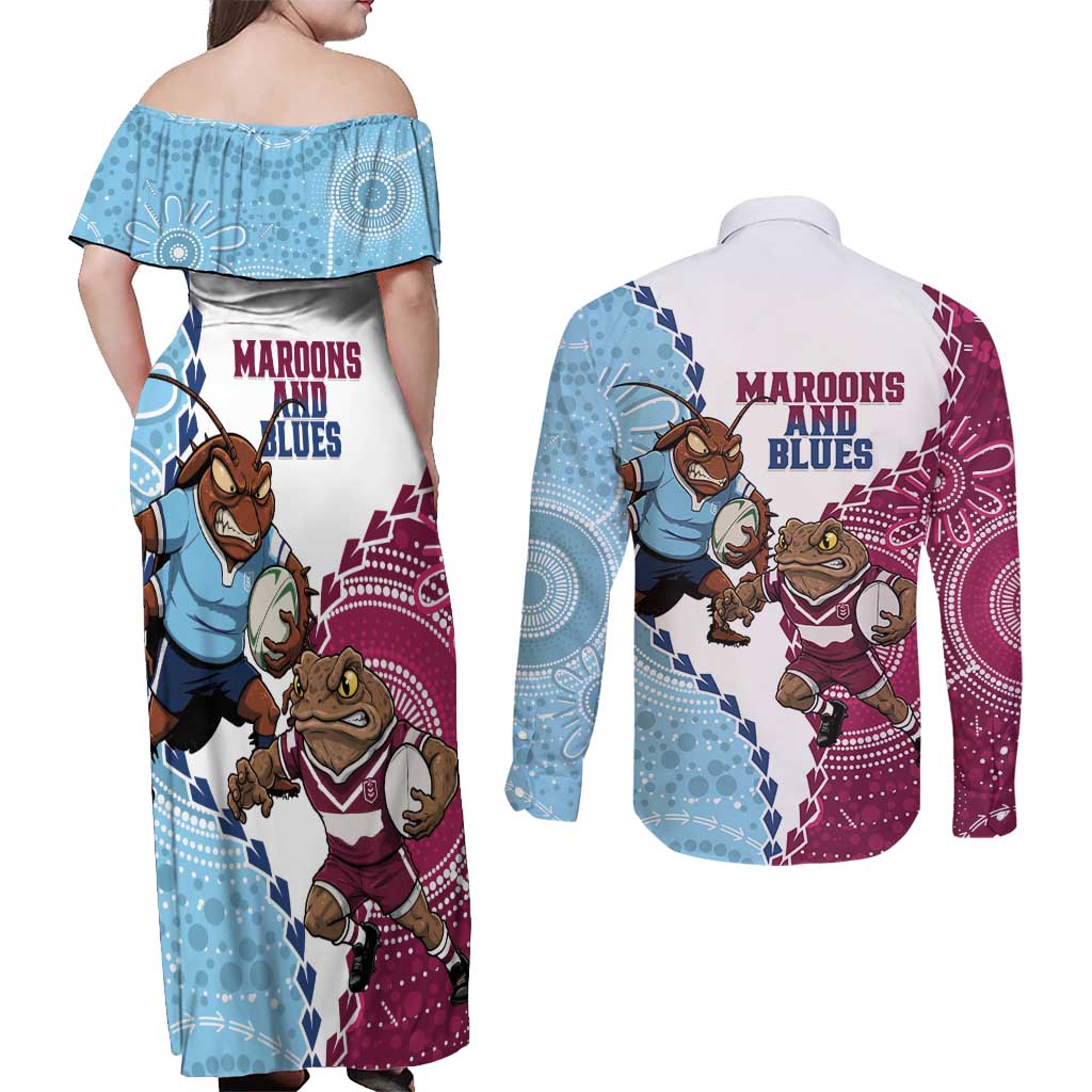 QLD Maroons and NSW Blues 2025 Couples Matching Off Shoulder Maxi Dress and Long Sleeve Button Shirt Come On Together