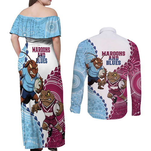 QLD Maroons and NSW Blues 2025 Couples Matching Off Shoulder Maxi Dress and Long Sleeve Button Shirt Come On Together