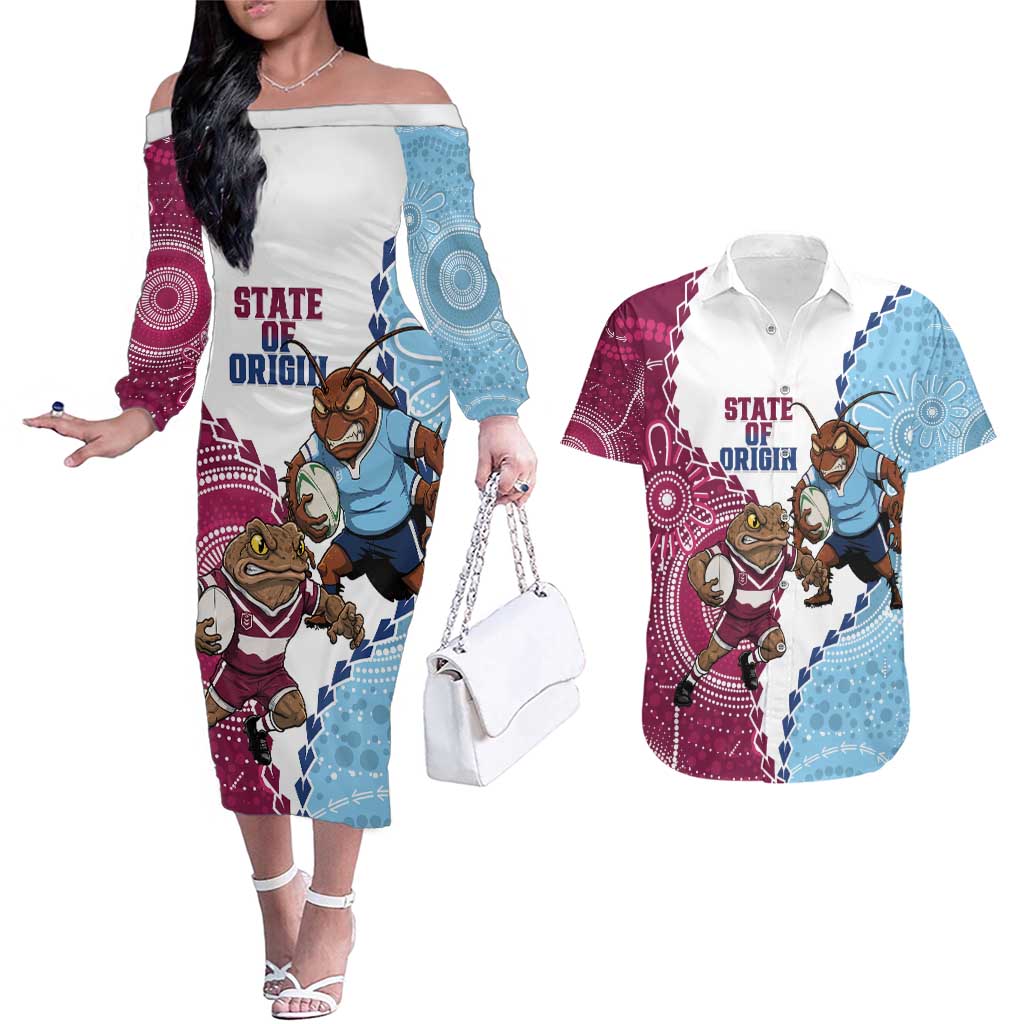 QLD Maroons and NSW Blues 2025 Couples Matching Off The Shoulder Long Sleeve Dress and Hawaiian Shirt Come On Together