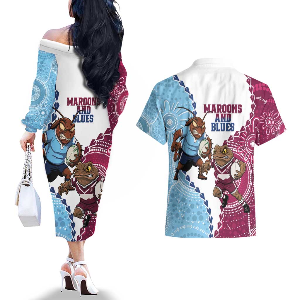 QLD Maroons and NSW Blues 2025 Couples Matching Off The Shoulder Long Sleeve Dress and Hawaiian Shirt Come On Together