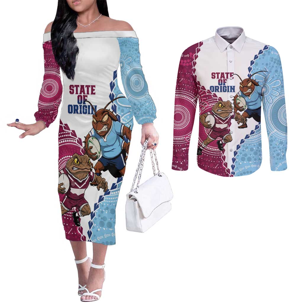 QLD Maroons and NSW Blues 2025 Couples Matching Off The Shoulder Long Sleeve Dress and Long Sleeve Button Shirt Come On Together