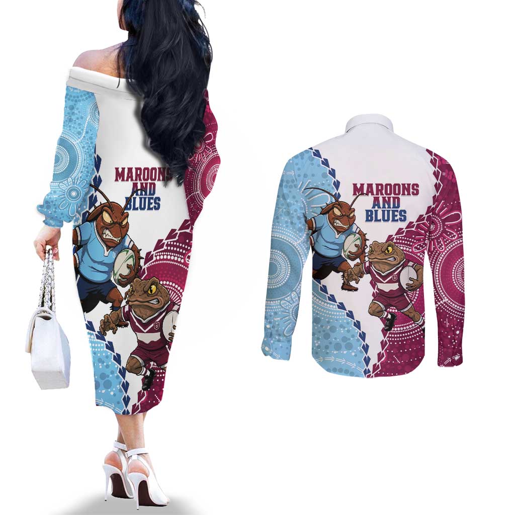 QLD Maroons and NSW Blues 2025 Couples Matching Off The Shoulder Long Sleeve Dress and Long Sleeve Button Shirt Come On Together