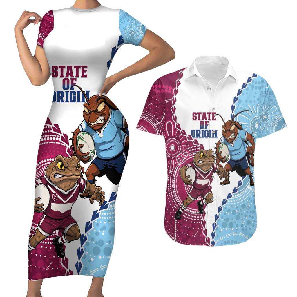 QLD Maroons and NSW Blues 2025 Couples Matching Short Sleeve Bodycon Dress and Hawaiian Shirt Come On Together