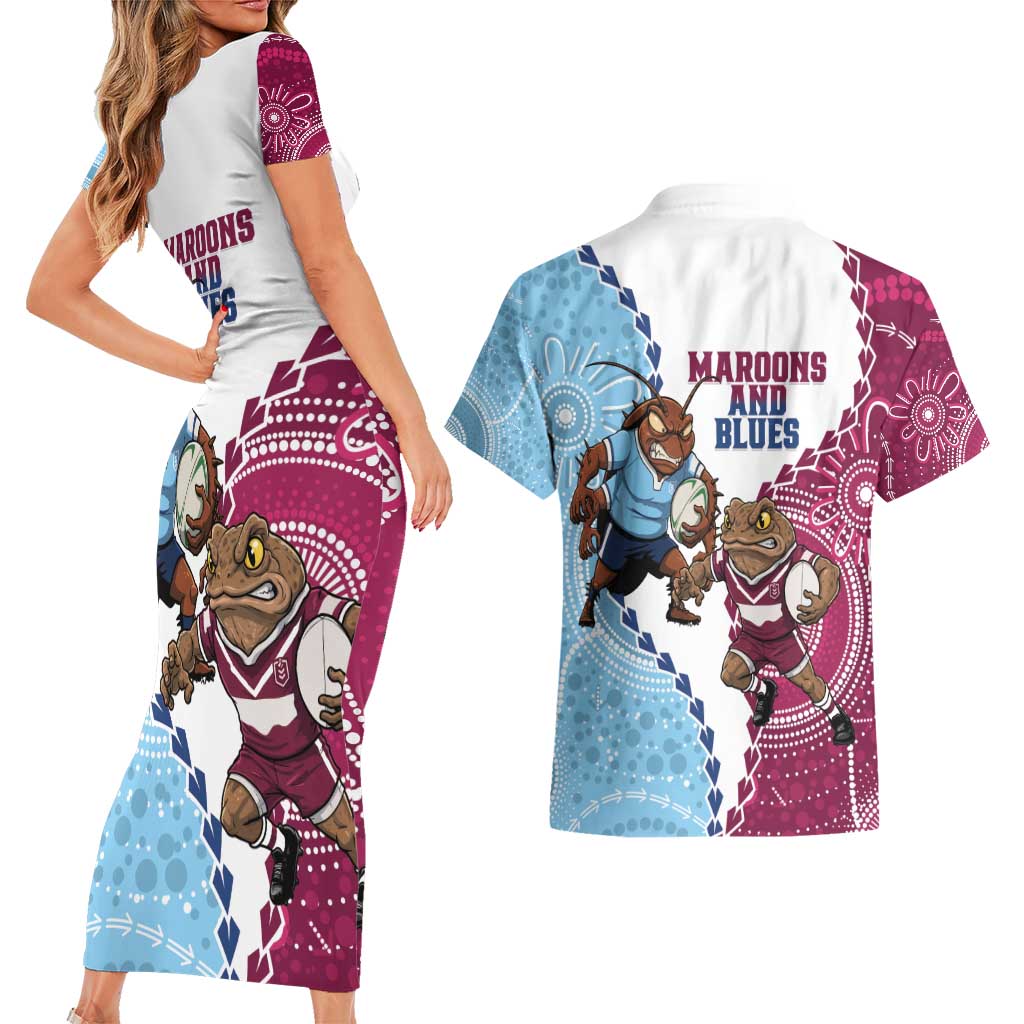 QLD Maroons and NSW Blues 2025 Couples Matching Short Sleeve Bodycon Dress and Hawaiian Shirt Come On Together