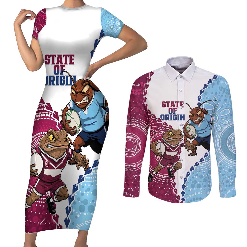 QLD Maroons and NSW Blues 2025 Couples Matching Short Sleeve Bodycon Dress and Long Sleeve Button Shirt Come On Together