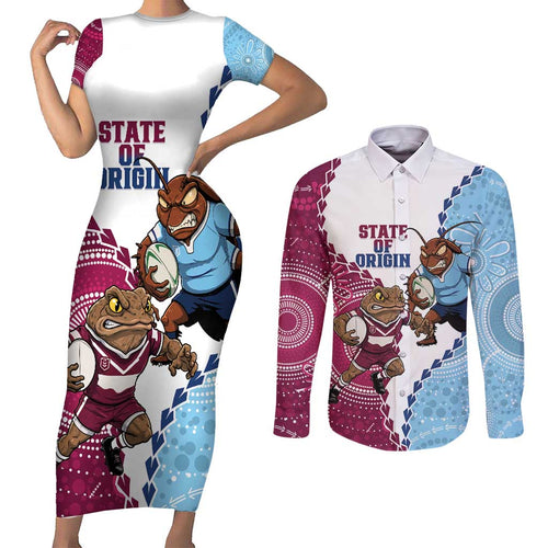 QLD Maroons and NSW Blues 2025 Couples Matching Short Sleeve Bodycon Dress and Long Sleeve Button Shirt Come On Together