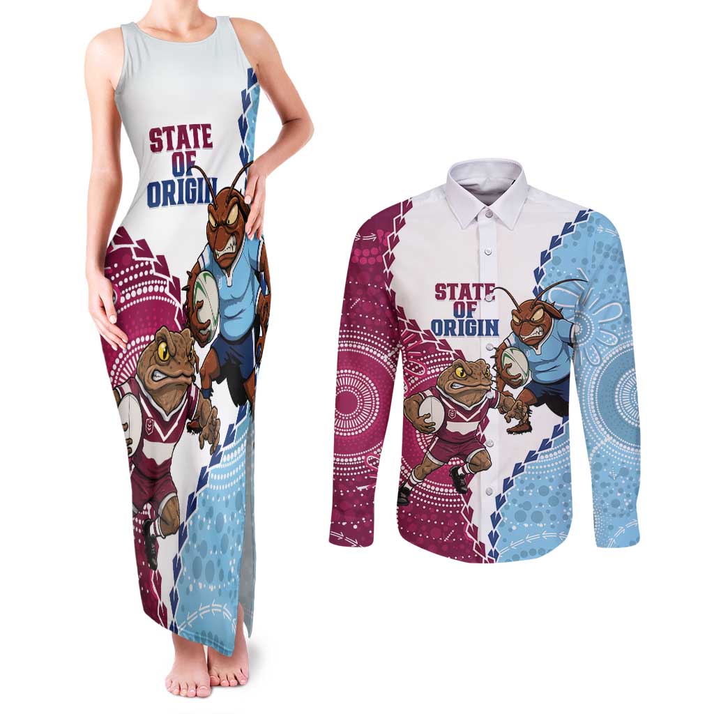 QLD Maroons and NSW Blues 2025 Couples Matching Tank Maxi Dress and Long Sleeve Button Shirt Come On Together