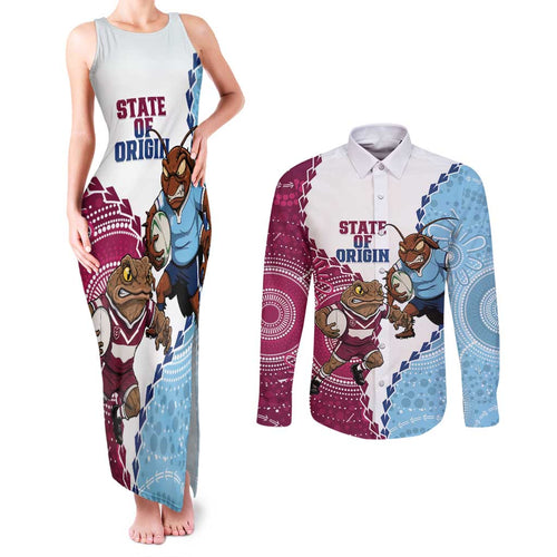 QLD Maroons and NSW Blues 2025 Couples Matching Tank Maxi Dress and Long Sleeve Button Shirt Come On Together