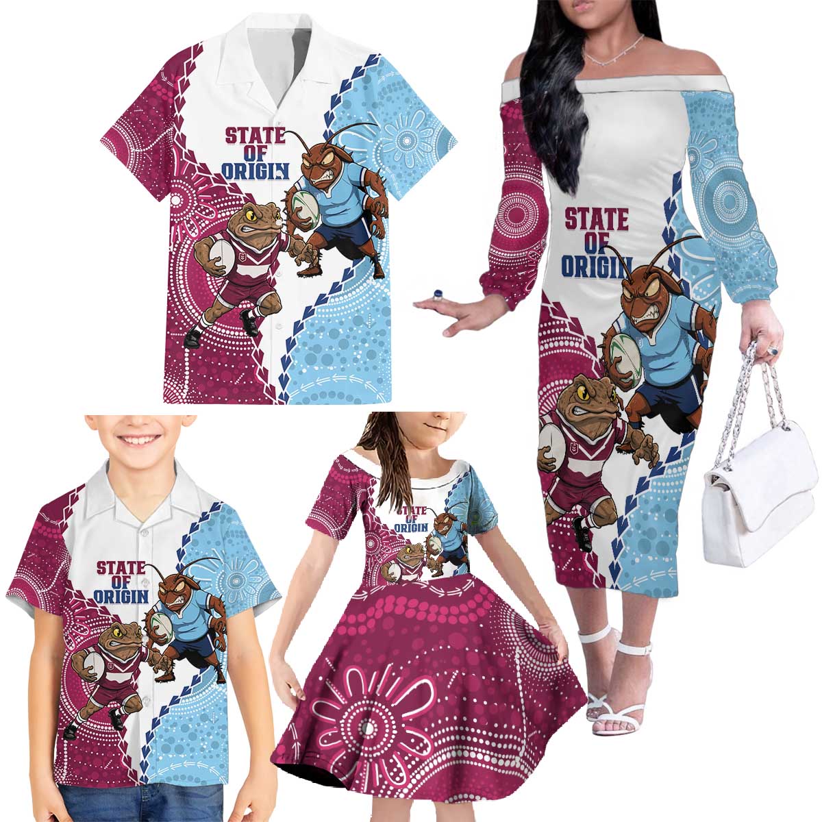 QLD Maroons and NSW Blues 2025 Family Matching Off The Shoulder Long Sleeve Dress and Hawaiian Shirt Come On Together