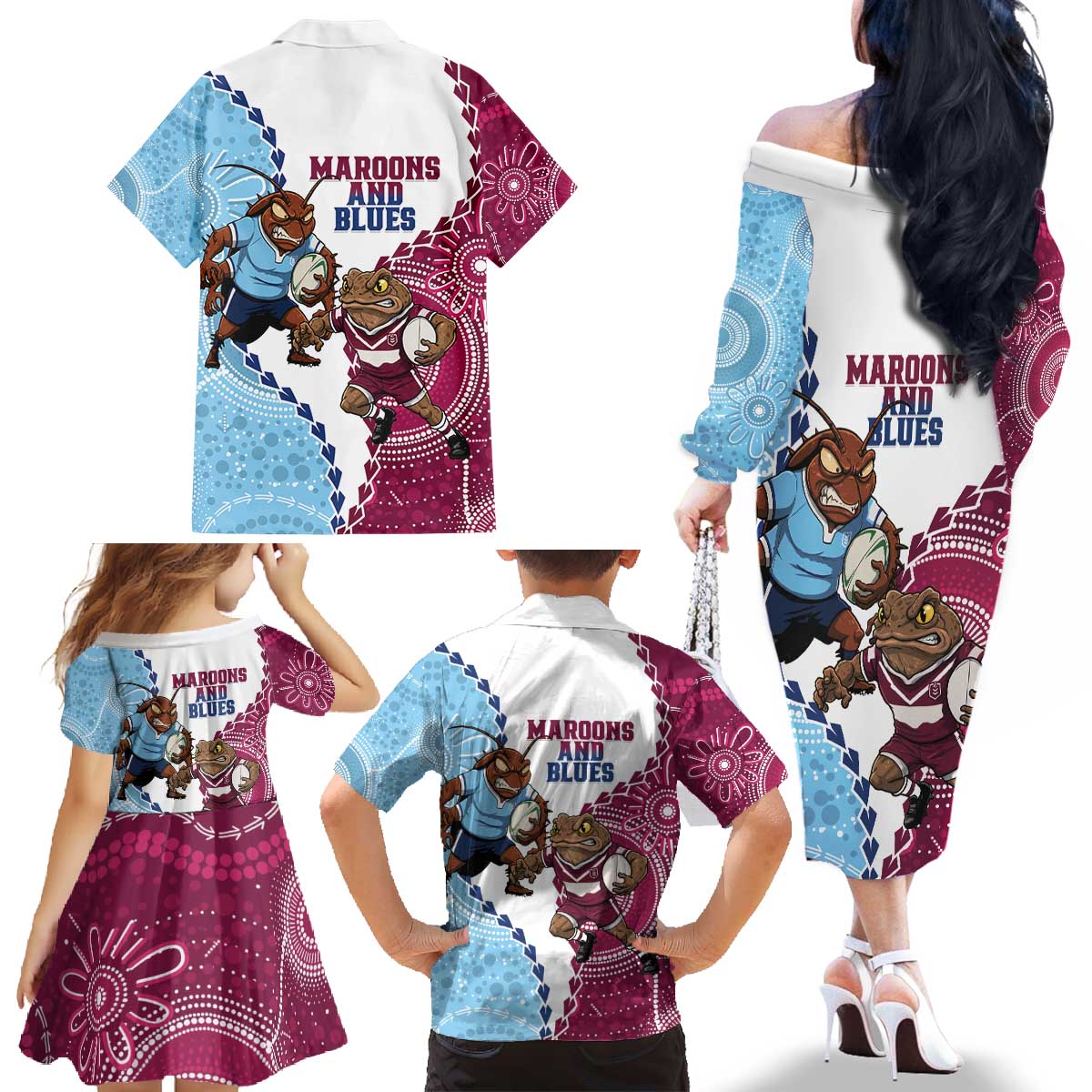 QLD Maroons and NSW Blues 2025 Family Matching Off The Shoulder Long Sleeve Dress and Hawaiian Shirt Come On Together