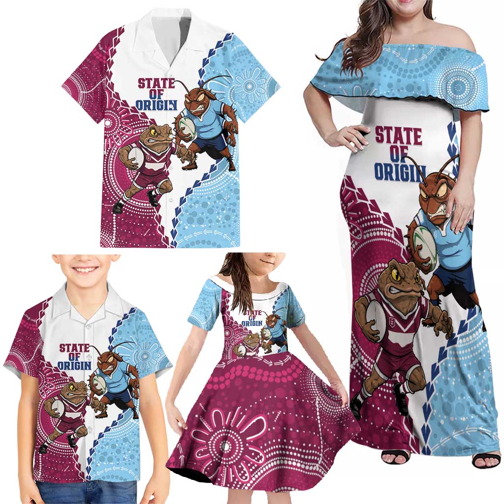QLD Maroons and NSW Blues 2025 Family Matching Off Shoulder Maxi Dress and Hawaiian Shirt Come On Together