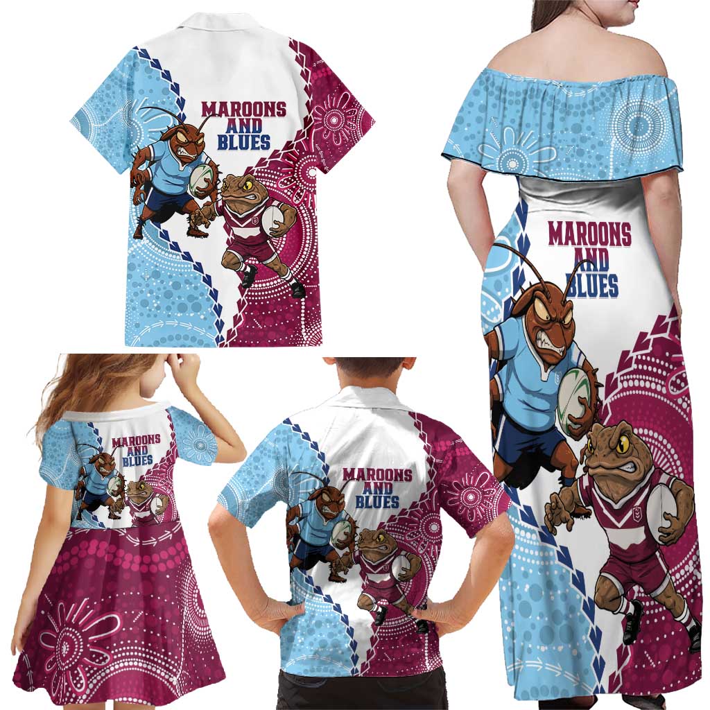 QLD Maroons and NSW Blues 2025 Family Matching Off Shoulder Maxi Dress and Hawaiian Shirt Come On Together