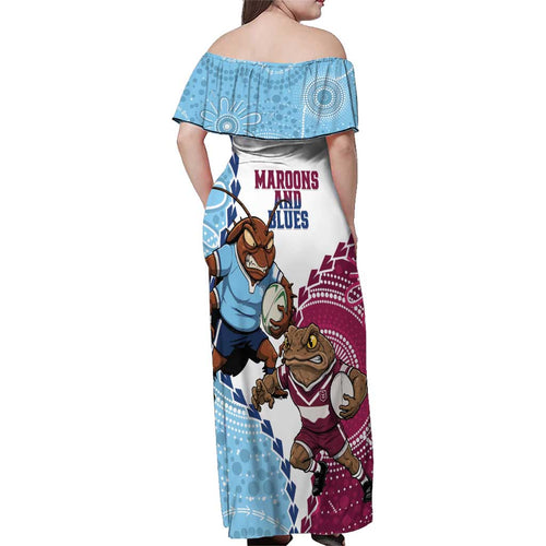 QLD Maroons and NSW Blues 2025 Family Matching Off Shoulder Maxi Dress and Hawaiian Shirt Come On Together