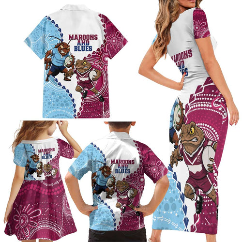 QLD Maroons and NSW Blues 2025 Family Matching Short Sleeve Bodycon Dress and Hawaiian Shirt Come On Together