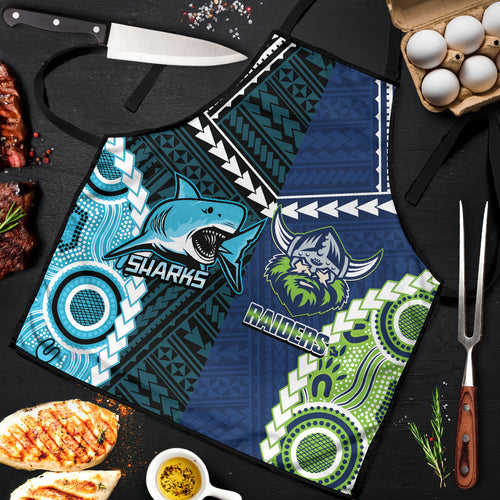 Rugby Sharks and Raiders Apron 2026 Together Aboriginal Polynesian Pattern