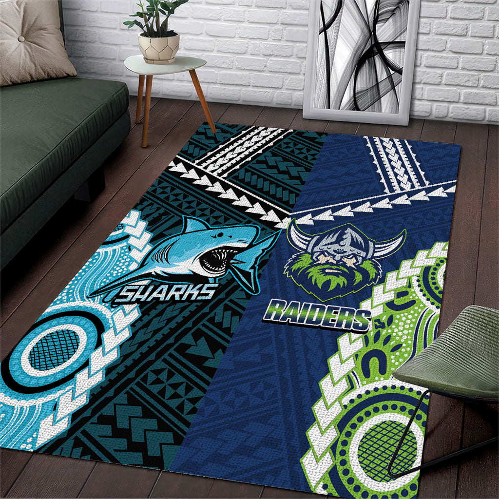 Rugby Sharks and Raiders Area Rug 2026 Together Aboriginal Polynesian Pattern
